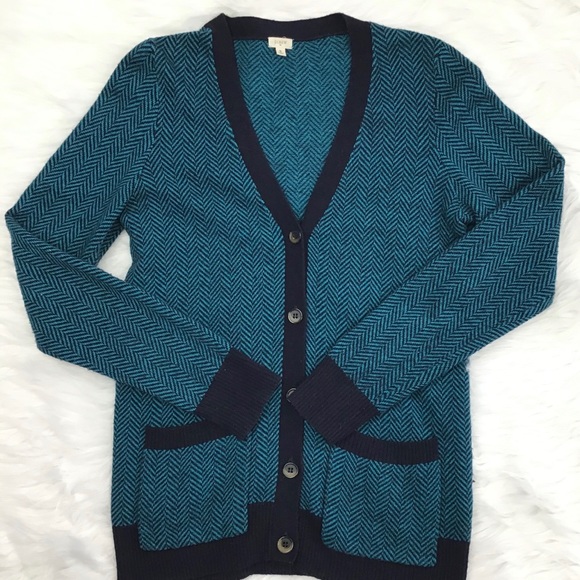 J. Crew Sweaters - J Crew Teal Navy Classic Herringbone Cardigan sz S